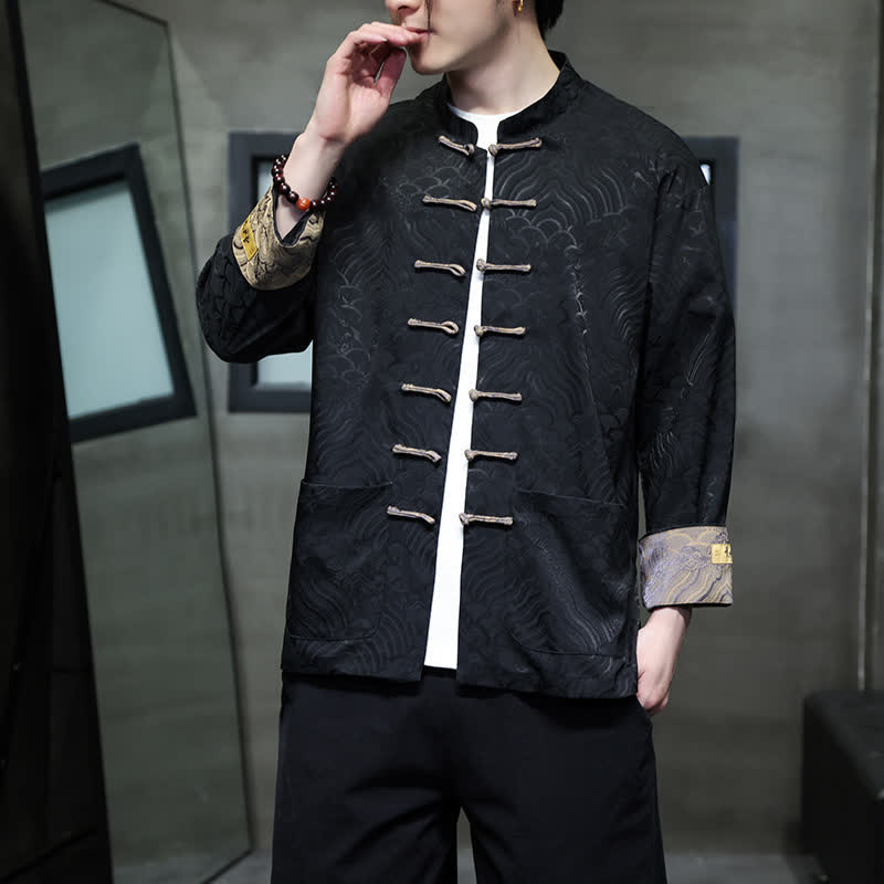 Buddha Stones Chaqueta de hombre estilo Tang elegante con cuello mandarín, estampado abstracto de ondas y botones de rana, ideal para otoño/invierno, con bolsillos. - image 16