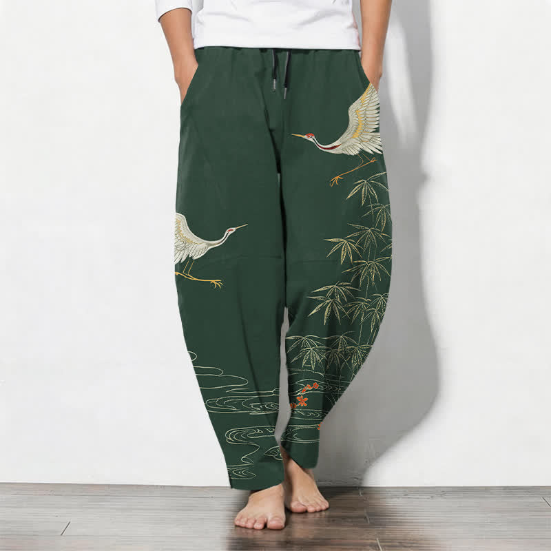 Buddha Stones Pantalones de hombre de algodón puro con estampado de grullas, bambú y olas, con cordón ajustable y corte ajustado, y bolsillos. - Verde oscuro - US/UK/AU50, EU60 (5XL) - image 11