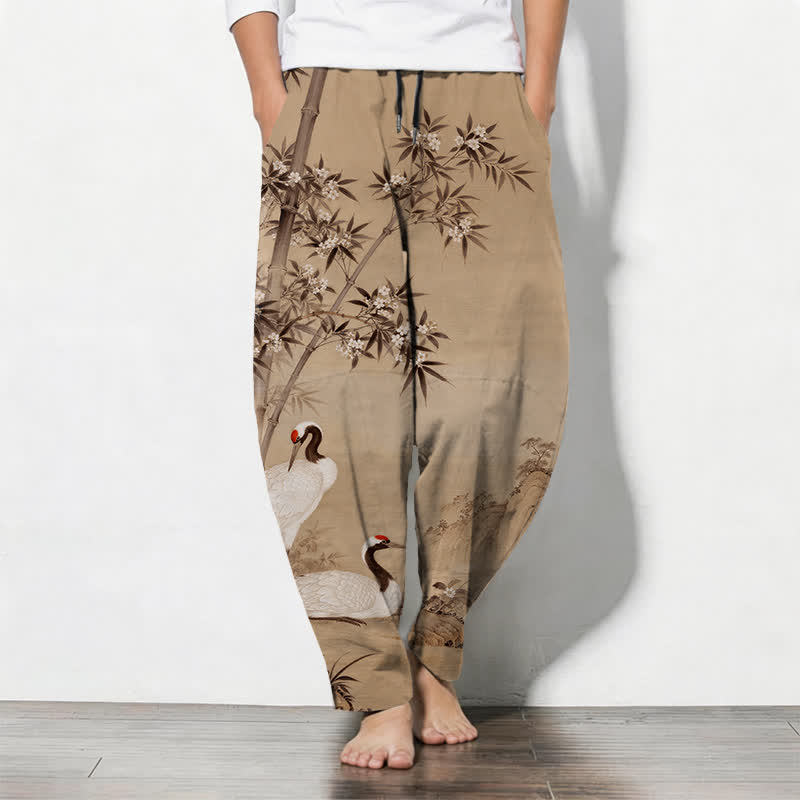 Buddha Stones Pantalones de hombre de algodón puro con estampado de paisaje de grullas y bambú, cordón ajustable y corte cónico con bolsillos. - BurlyWood - US/UK/AU50, EU60 (5XL) - image 7