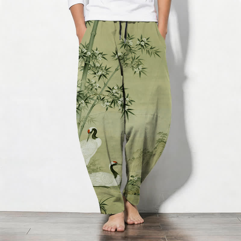 Buddha Stones Pantalones de hombre de algodón puro con estampado de paisaje de grullas y bambú, cordón ajustable y corte cónico con bolsillos. - Verde amarillento - US/UK/AU50, EU60 (5XL) - image 11