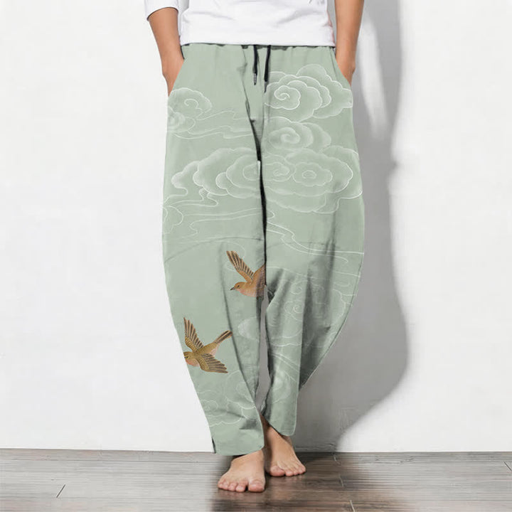 Buddha Stones Pantalones de hombre de algodón puro con estampado de pájaros en nubes y cordón ajustable, corte cónico y bolsillos. - Verde mar oscuro - US/UK/AU50, EU60 (5XL) - image 11