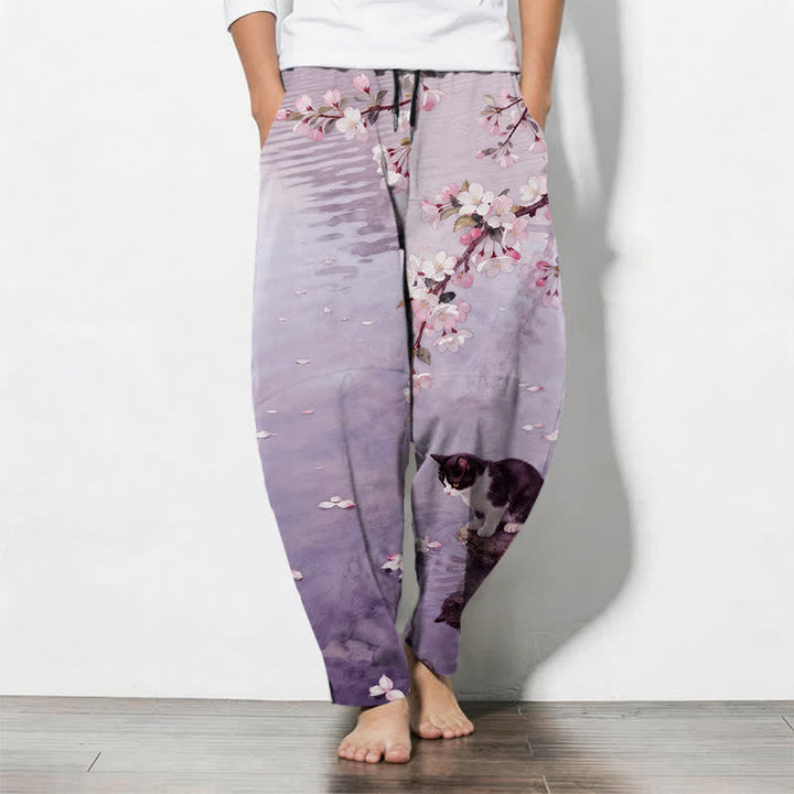 Buddha Stones Pantalones de hombre de algodón puro con estampado de reflejo de agua de gato Sakura, cordón ajustable y corte cónico con bolsillos. - Morado medio - US/UK/AU50, EU60 (5XL) - image 11