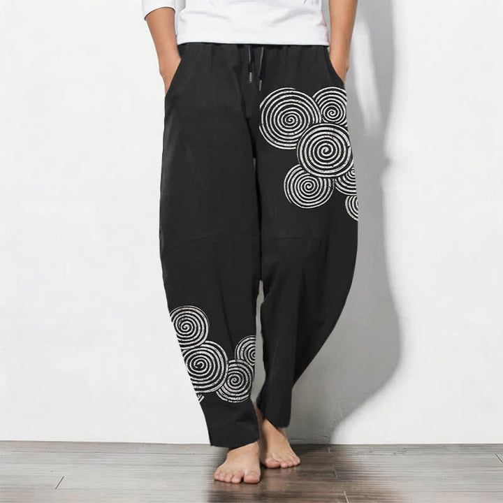Buddha Stones Pantalones de hombre de algodón puro con estampado espiral concéntrico, cordón ajustable y bolsillos. - Negro - US/UK/AU50, EU60 (5XL) - image 0