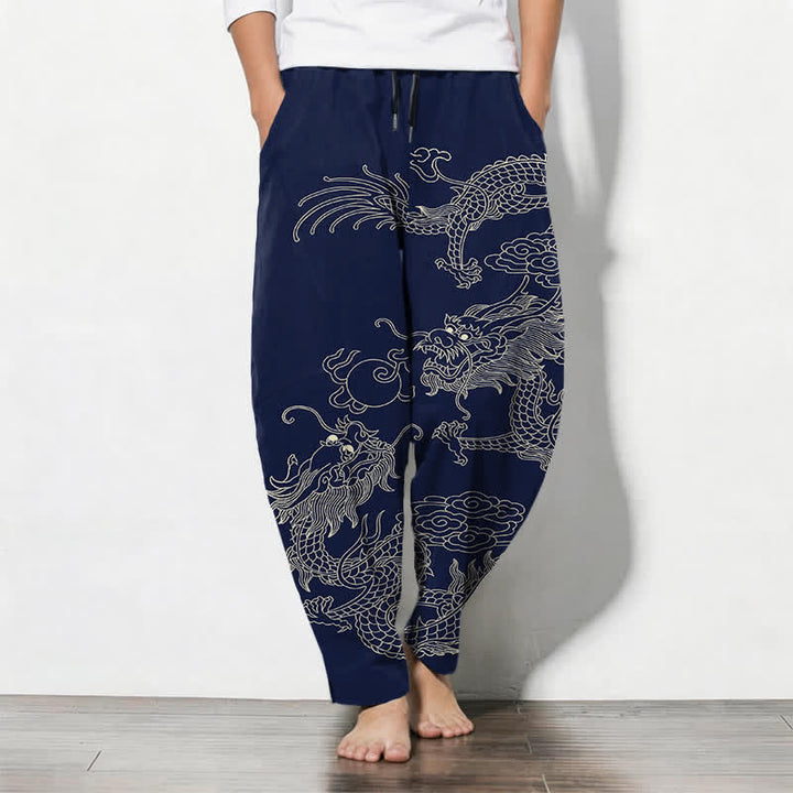 Buddha Stones Pantalones de hombre de algodón puro con estampado de dragón imperial, cordón ajustable y corte cónico, con bolsillos. - Marina de guerra - US/UK/AU50, EU60 (5XL) - image 7