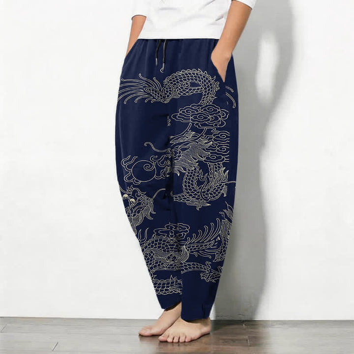 Buddha Stones Pantalones de hombre de algodón puro con estampado de dragón imperial, cordón ajustable y corte cónico, con bolsillos. - image 8