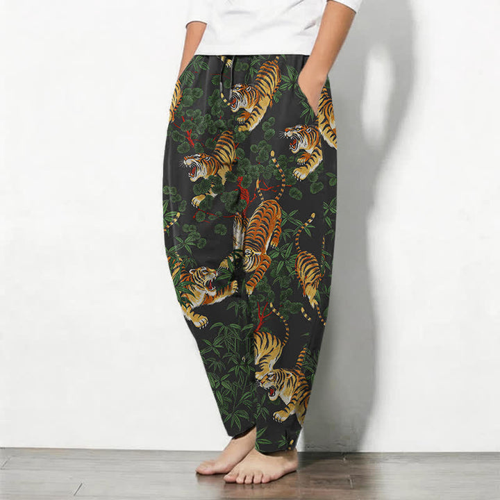Buddha Stones Pantalones de hombre de algodón puro con estampado de hojas de bambú y tigre, con cordón ajustable y corte ajustado, bolsillos. - image 1