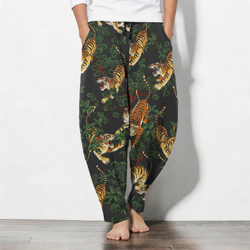 Buddha Stones Pantalones de hombre de algodón puro con estampado de hojas de bambú y tigre, con cordón ajustable y corte ajustado, bolsillos. - Negro - US/UK/AU50, EU60 (5XL) - image 0