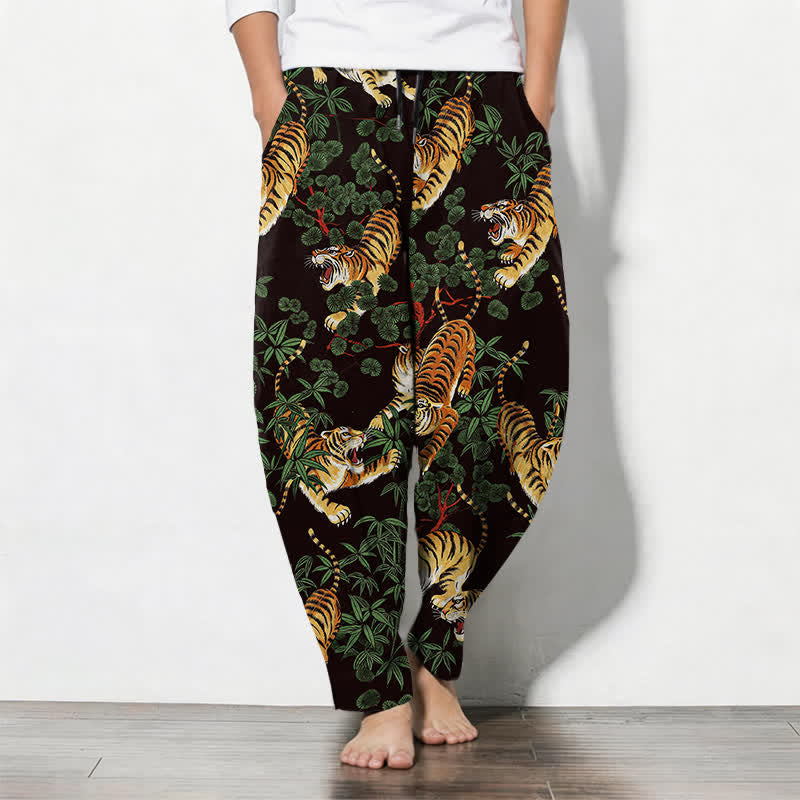 Buddha Stones Pantalones de hombre de algodón puro con estampado de hojas de bambú y tigre, con cordón ajustable y corte ajustado, bolsillos. - Marrón silla de montar - US/UK/AU50, EU60 (5XL) - image 7