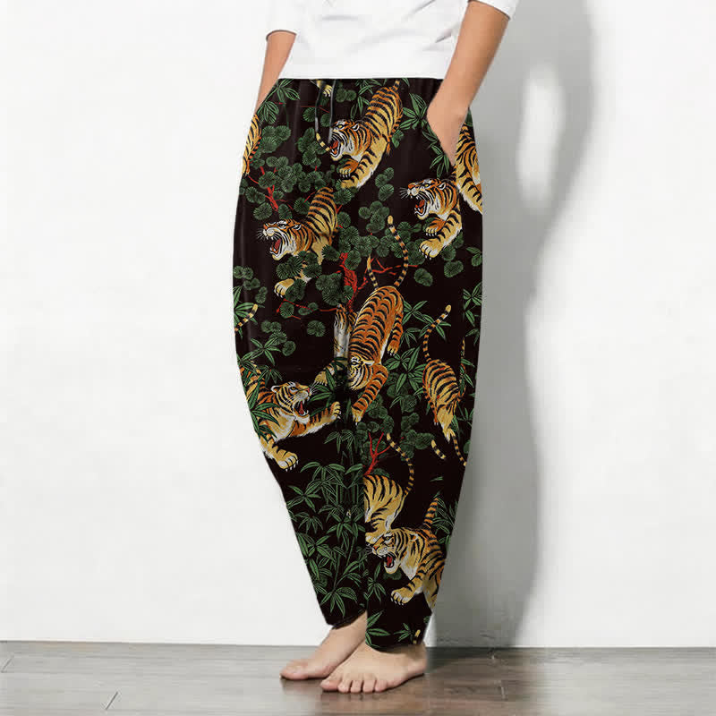 Buddha Stones Pantalones de hombre de algodón puro con estampado de hojas de bambú y tigre, con cordón ajustable y corte ajustado, bolsillos. - image 8