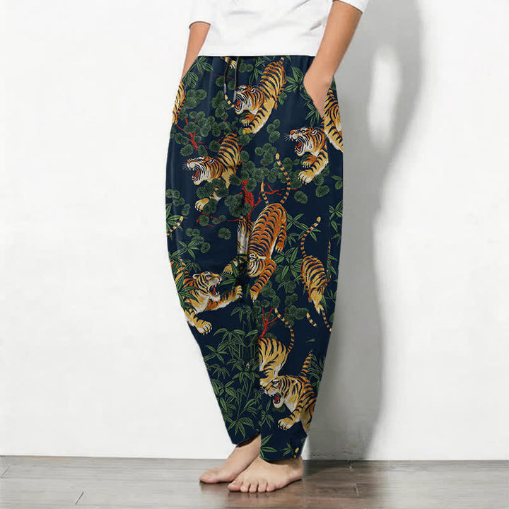 Buddha Stones Pantalones de hombre de algodón puro con estampado de hojas de bambú y tigre, con cordón ajustable y corte ajustado, bolsillos. - image 12