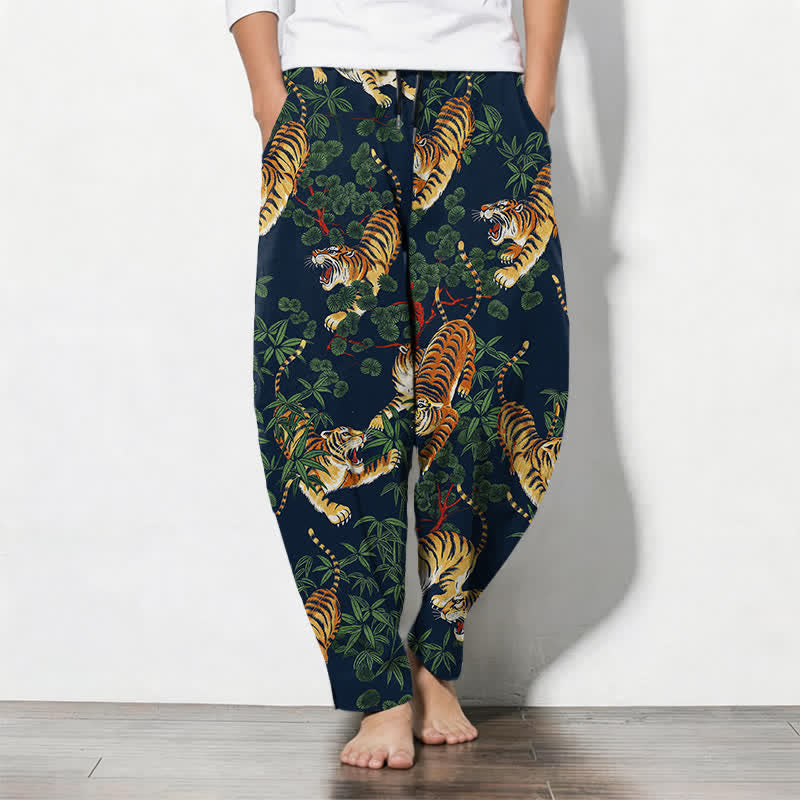 Buddha Stones Pantalones de hombre de algodón puro con estampado de hojas de bambú y tigre, con cordón ajustable y corte ajustado, bolsillos. - Marina de guerra - US/UK/AU50, EU60 (5XL) - image 11