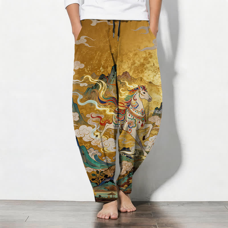 Buddha Stones Pantalones de hombre de algodón puro con estampado de caballo blanco, cordón ajustable y corte cónico, con bolsillos. - vara de oro - US/UK/AU50, EU60 (5XL) - image 0