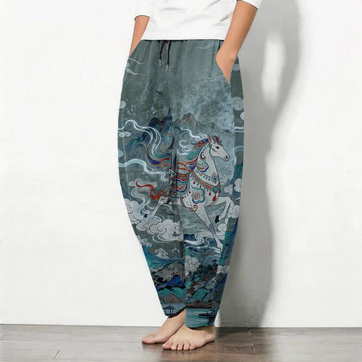 Buddha Stones Pantalones de hombre de algodón puro con estampado de caballo blanco, cordón ajustable y corte cónico, con bolsillos. - image 8
