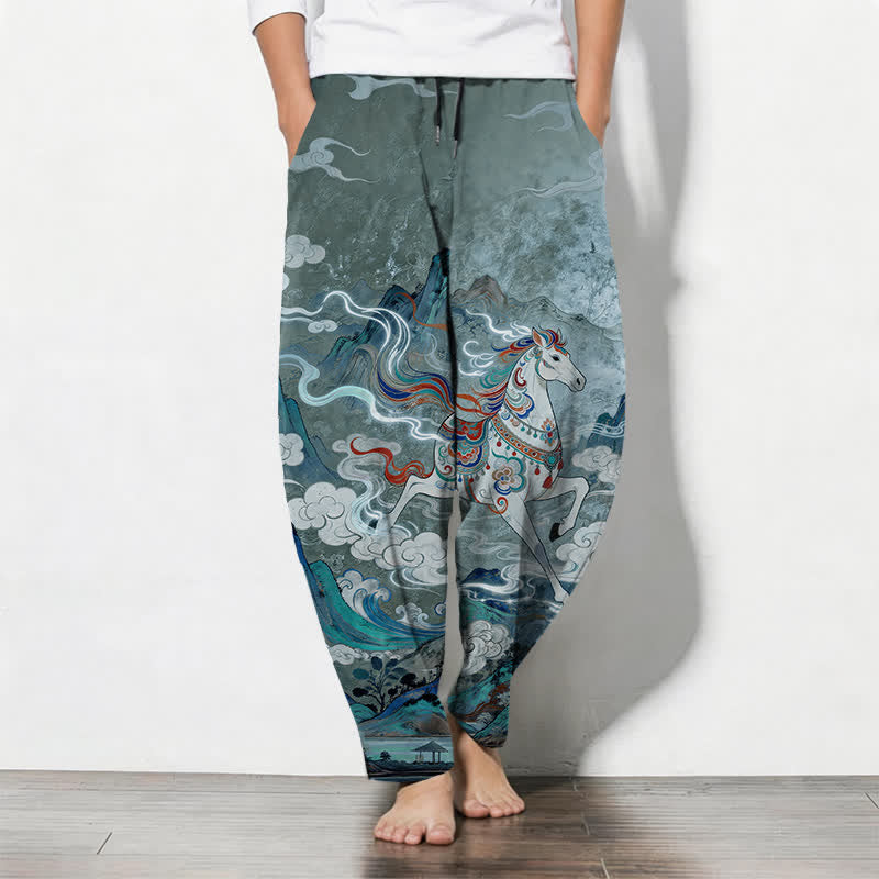 Buddha Stones Pantalones de hombre de algodón puro con estampado de caballo blanco, cordón ajustable y corte cónico, con bolsillos. - Azul cadete - US/UK/AU50, EU60 (5XL) - image 7