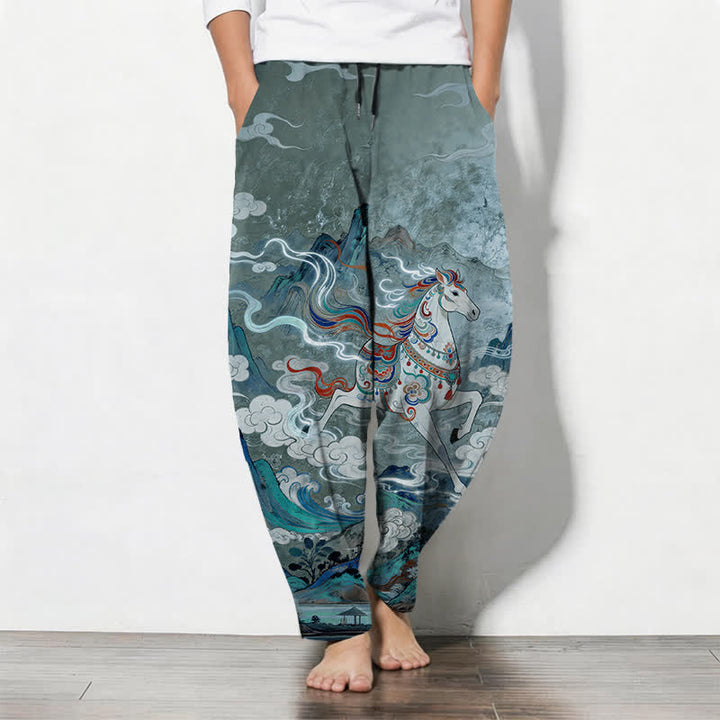 Buddha Stones Pantalones de hombre de algodón puro con estampado de caballo blanco, cordón ajustable y corte cónico, con bolsillos. - Azul cadete - US/UK/AU50, EU60 (5XL) - image 7