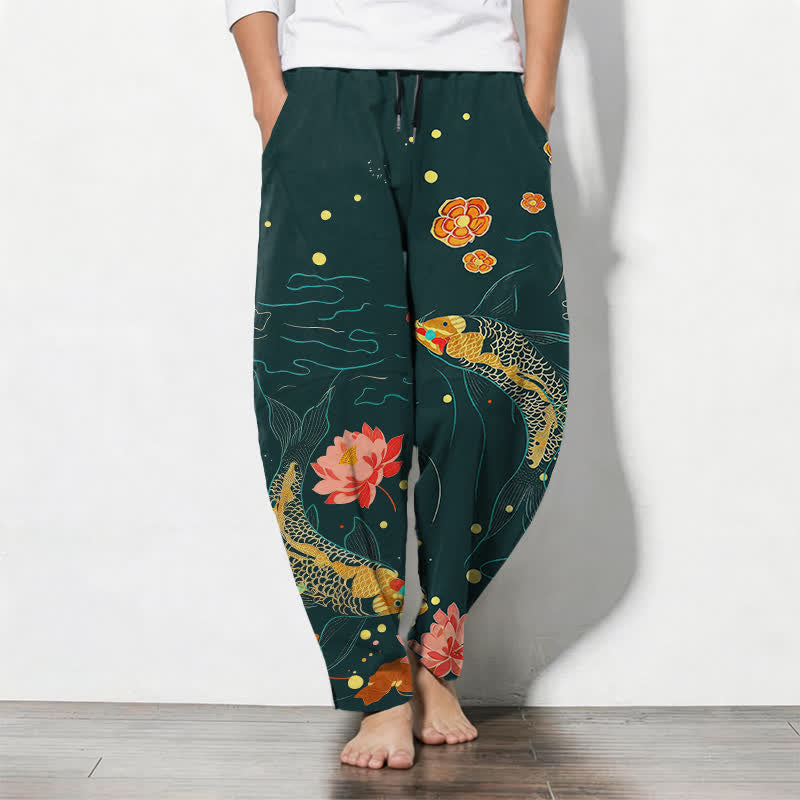 Buddha Stones Pantalones de hombre de algodón puro con estampado de olas de loto y carpa dorada, cordón ajustable y corte cónico, con bolsillos. - Verde azulado - US/UK/AU50, EU60 (5XL) - image 7