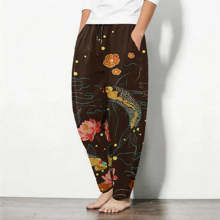 Buddha Stones Pantalones de hombre de algodón puro con estampado de olas de loto y carpa dorada, cordón ajustable y corte cónico, con bolsillos. - image 12