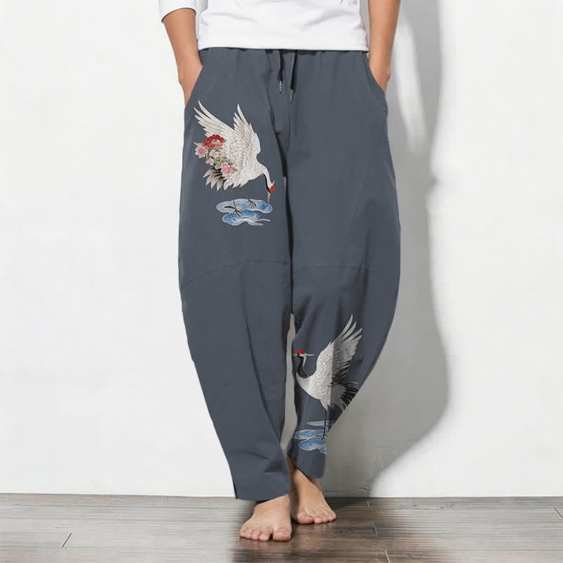 Buddha Stones Pantalones de hombre de algodón puro con estampado de grullas y corona roja, con cordón ajustable y bolsillos. - Azul acero - US/UK/AU50, EU60 (5XL) - image 0