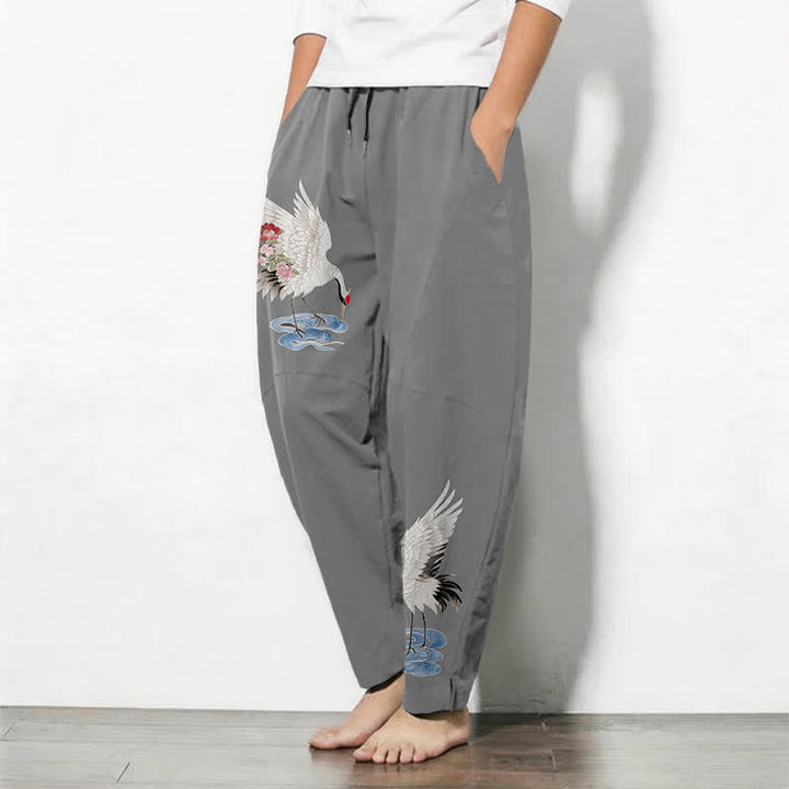 Buddha Stones Pantalones de hombre de algodón puro con estampado de grullas y corona roja, con cordón ajustable y bolsillos. - image 8