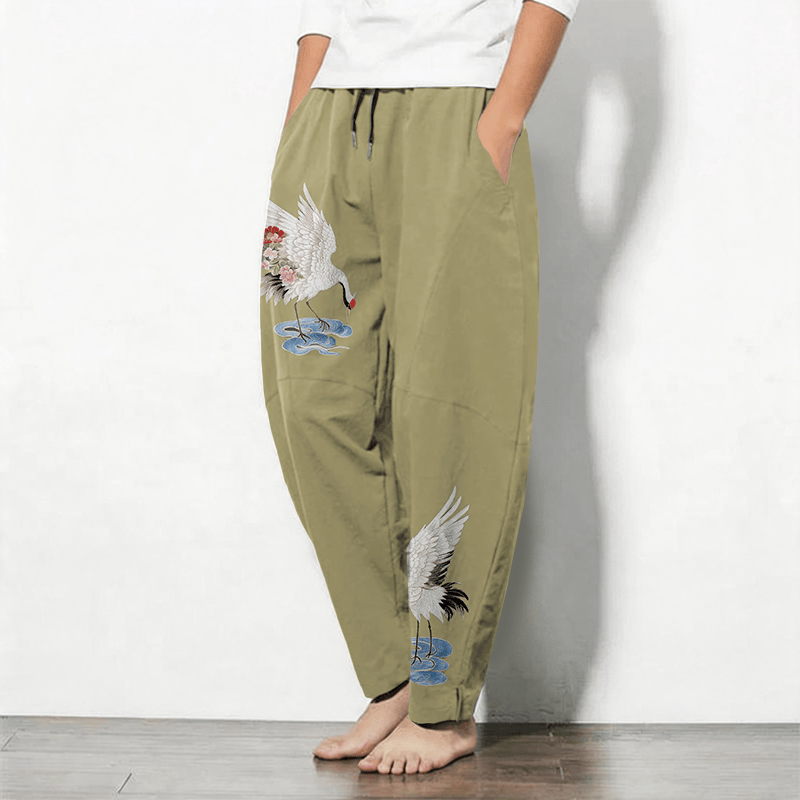 Buddha Stones Pantalones de hombre de algodón puro con estampado de grullas y corona roja, con cordón ajustable y bolsillos. - image 12