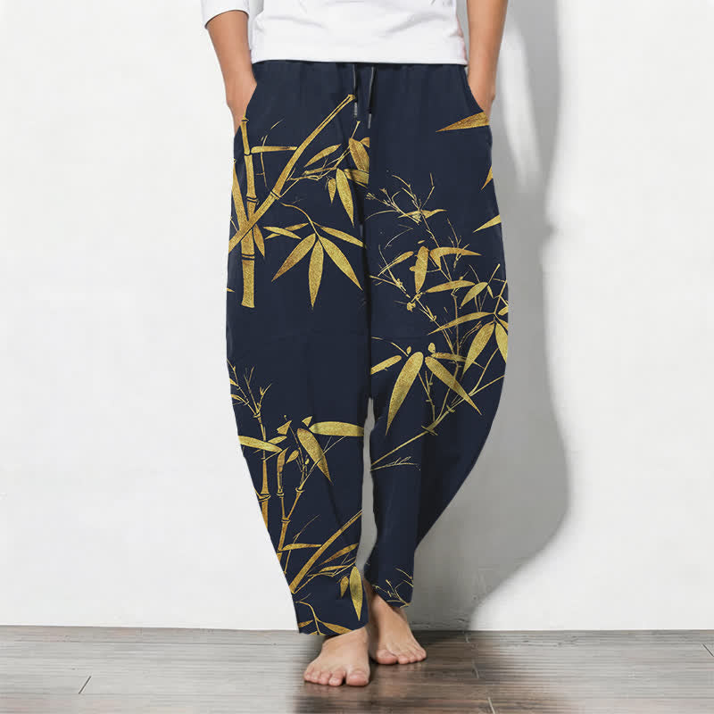 Buddha Stones Pantalones de hombre de algodón puro con estampado de bambú dorado, cordón ajustable y corte cónico, con bolsillos. - Marina de guerra - US/UK/AU50, EU60 (5XL) - image 0