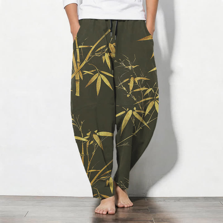 Buddha Stones Pantalones de hombre de algodón puro con estampado de bambú dorado, cordón ajustable y corte cónico, con bolsillos. - Verde oliva oscuro - US/UK/AU50, EU60 (5XL) - image 11