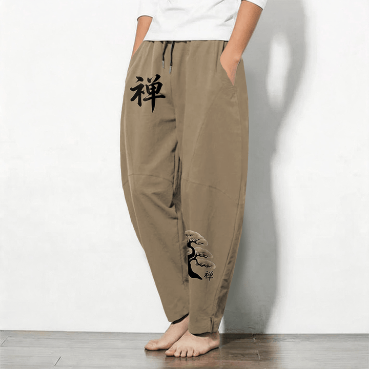 Buddha Stones Pantalones de hombre de algodón puro con estampado Zen Bonsai Sunset, cordón ajustable y corte cónico, con bolsillos. - image 12
