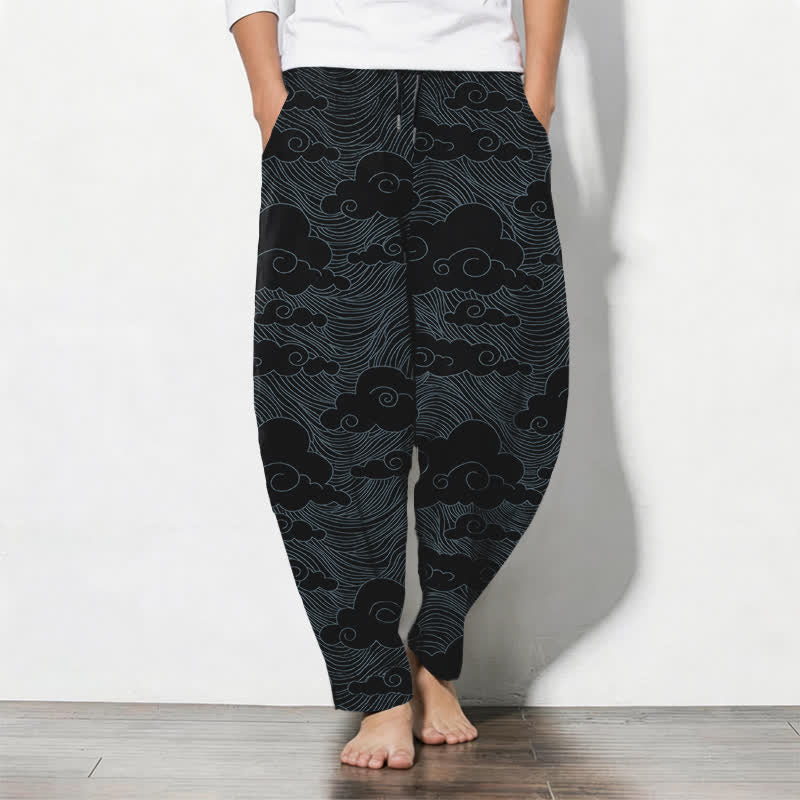 Buddha Stones Pantalones de hombre de algodón puro con estampado de nubes y olas japonesas, cordón ajustable y corte cónico, con bolsillos. - Negro - US/UK/AU50, EU60 (5XL) - image 0