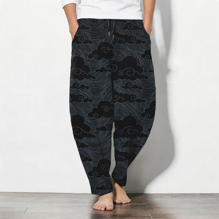 Buddha Stones Pantalones de hombre de algodón puro con estampado de nubes y olas japonesas, cordón ajustable y corte cónico, con bolsillos. - Negro - US/UK/AU50, EU60 (5XL) - image 0