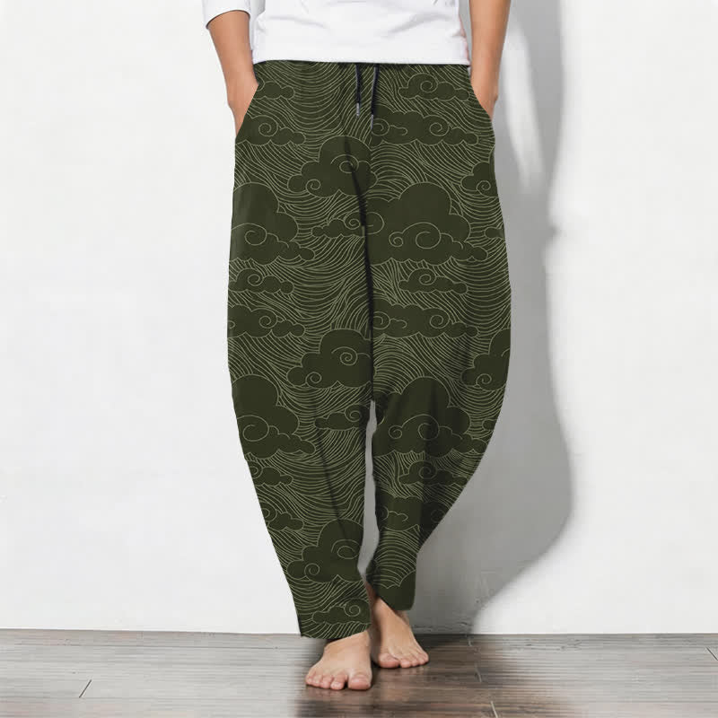 Buddha Stones Pantalones de hombre de algodón puro con estampado de nubes y olas japonesas, cordón ajustable y corte cónico, con bolsillos. - Verde oliva oscuro - US/UK/AU50, EU60 (5XL) - image 7