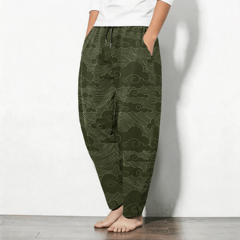 Buddha Stones Pantalones de hombre de algodón puro con estampado de nubes y olas japonesas, cordón ajustable y corte cónico, con bolsillos. - image 8