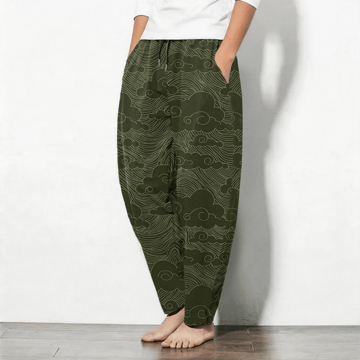 Buddha Stones Pantalones de hombre de algodón puro con estampado de nubes y olas japonesas, cordón ajustable y corte cónico, con bolsillos. - image 8