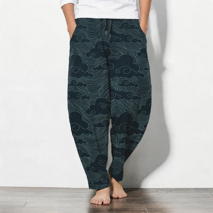 Buddha Stones Pantalones de hombre de algodón puro con estampado de nubes y olas japonesas, cordón ajustable y corte cónico, con bolsillos. - Verde azulado - US/UK/AU50, EU60 (5XL) - image 11