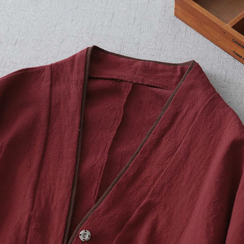 Buddha Stones Kimono de mujer liso con cuello en V, estilo Tang vintage, con botones y nudo, ideal para primavera y otoño. - image 2