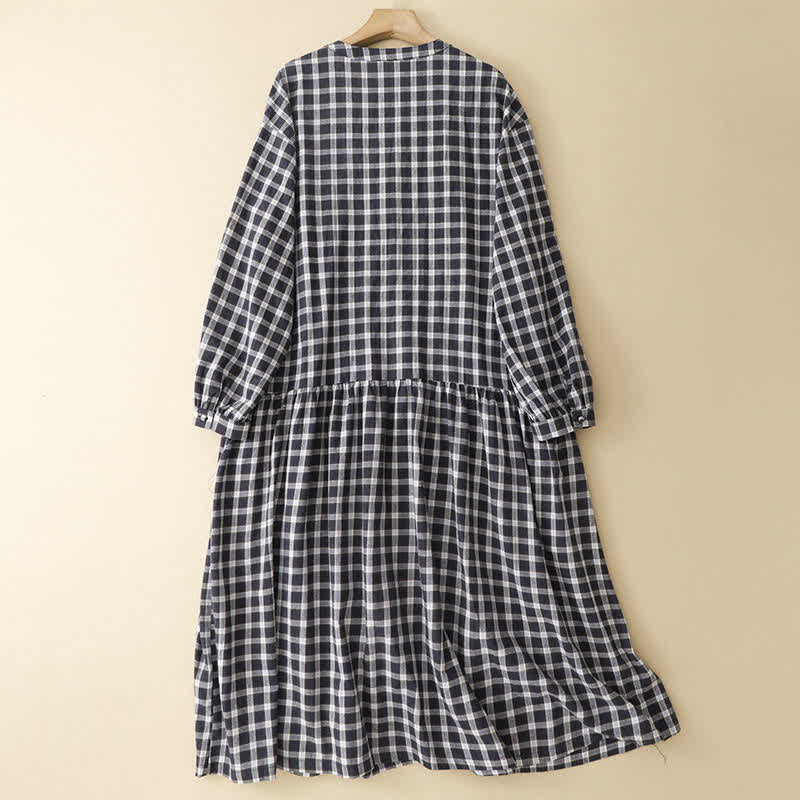 Buddha Stones Vestido de manga larga para mujer, estilo casual vintage, con botones, estampado a cuadros blancos y negros, ideal para primavera y con bolsillo. - image 1