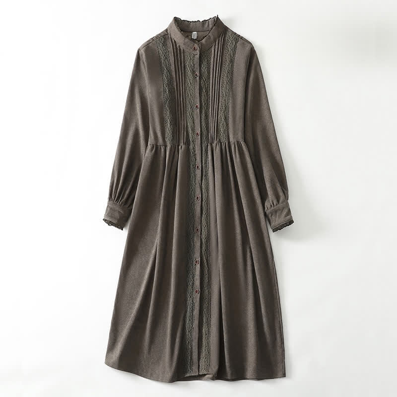 Buddha Stones Vestido de manga larga liso para mujer, estilo Tang vintage, con botones, ribete plisado y bolsillo, ideal para primavera y otoño. - Aceituna - US14, UK/AU18, EU46 (2XL) - image 0