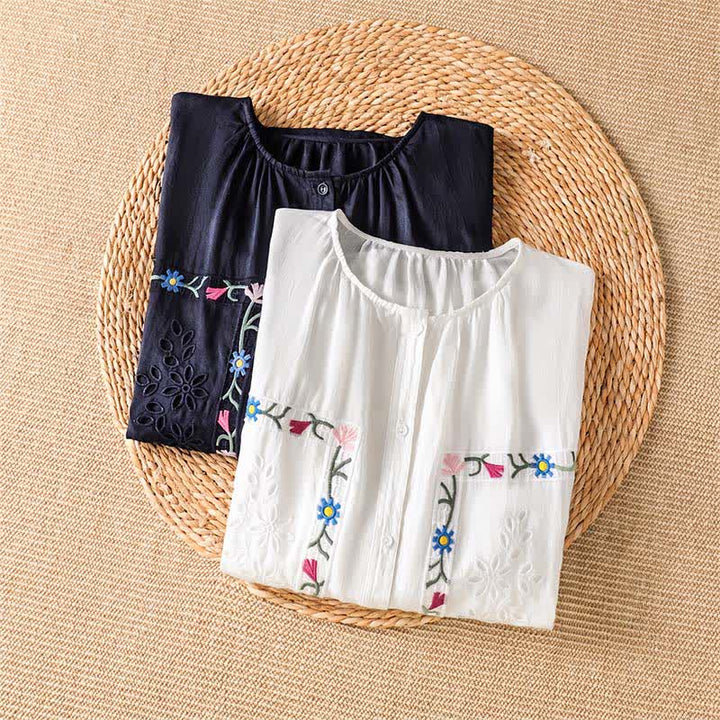Buddha Stones Camisas de manga corta para mujer estilo boho con bordado floral, ideales para primavera y verano. - image 10