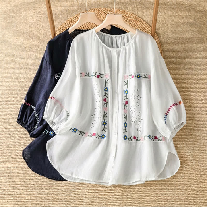 Buddha Stones Camisas de manga corta para mujer estilo boho con bordado floral, ideales para primavera y verano. - image 9