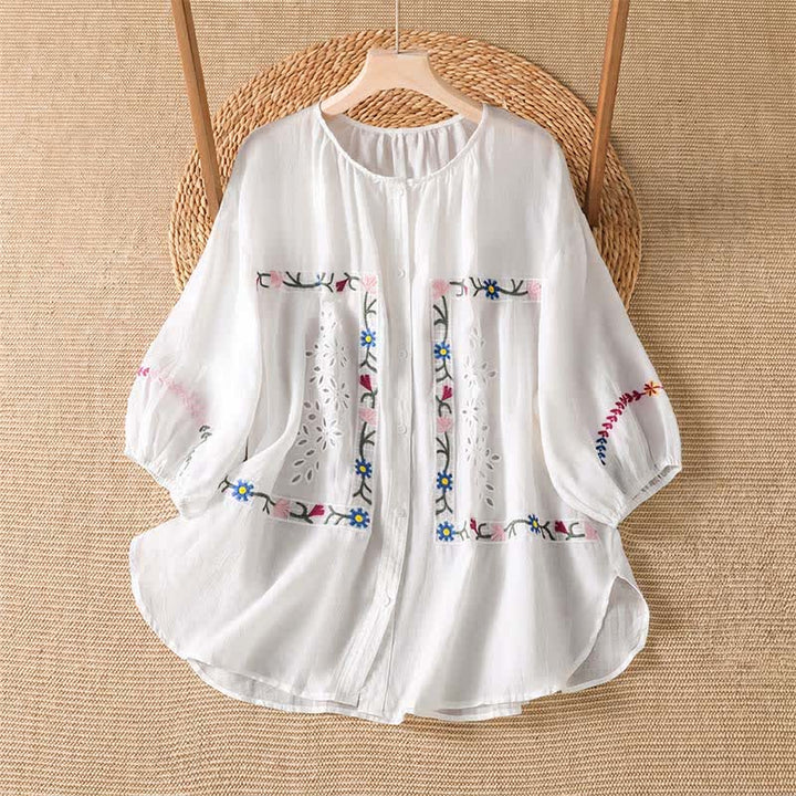 Buddha Stones Camisas de manga corta para mujer estilo boho con bordado floral, ideales para primavera y verano. - Blanco - US12, UK/AU16, EU44 (2XL) - image 0
