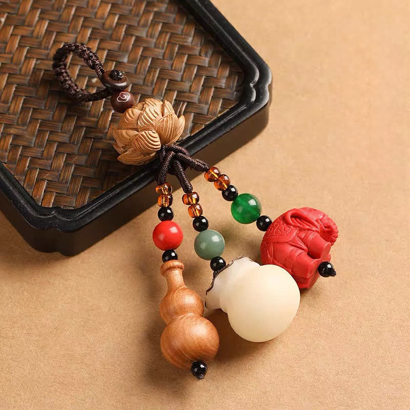 Buddha Stones Llaveros de calabaza de loto con forma de bolsa de dinero con personajes de madera de durazno Fu - Cinabrio (Protección ♥ Vitalidad) - image 12