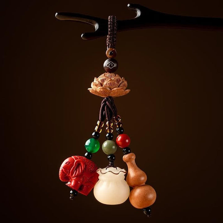 Buddha Stones Llaveros de calabaza de loto con forma de bolsa de dinero con personajes de madera de durazno Fu - image 13