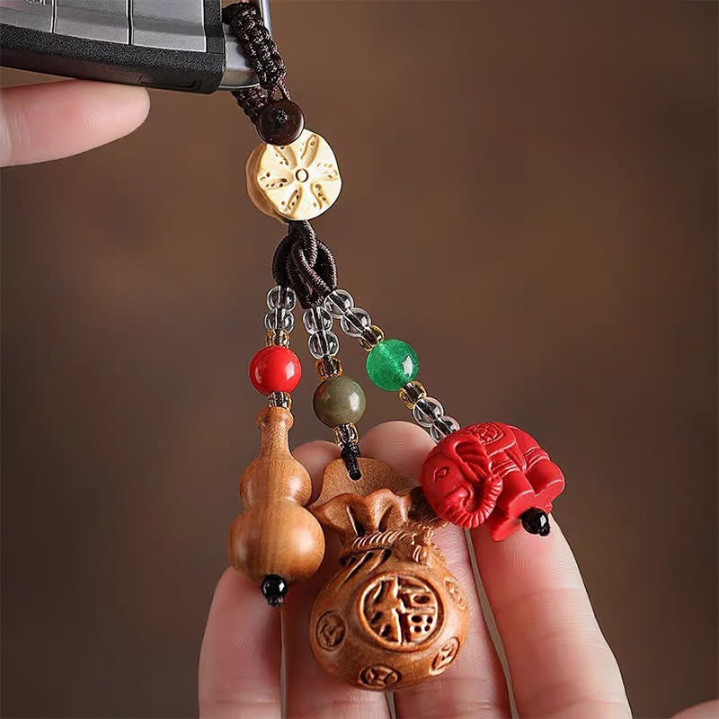 Buddha Stones Llaveros de calabaza de loto con forma de bolsa de dinero con personajes de madera de durazno Fu - image 2