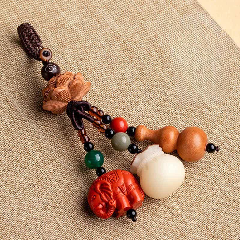 Buddha Stones Llaveros de calabaza de loto con forma de bolsa de dinero con personajes de madera de durazno Fu - image 17