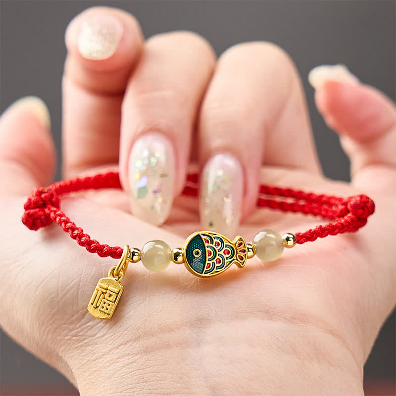 Buddha Stones Pulsera de cuerda protectora con cuentas de jade y diseño de pez koi Fu, tejida a mano. - image 15