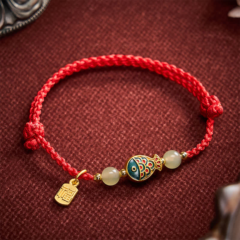 Buddha Stones Pulsera de cuerda protectora con cuentas de jade y diseño de pez koi Fu, tejida a mano. - image 13