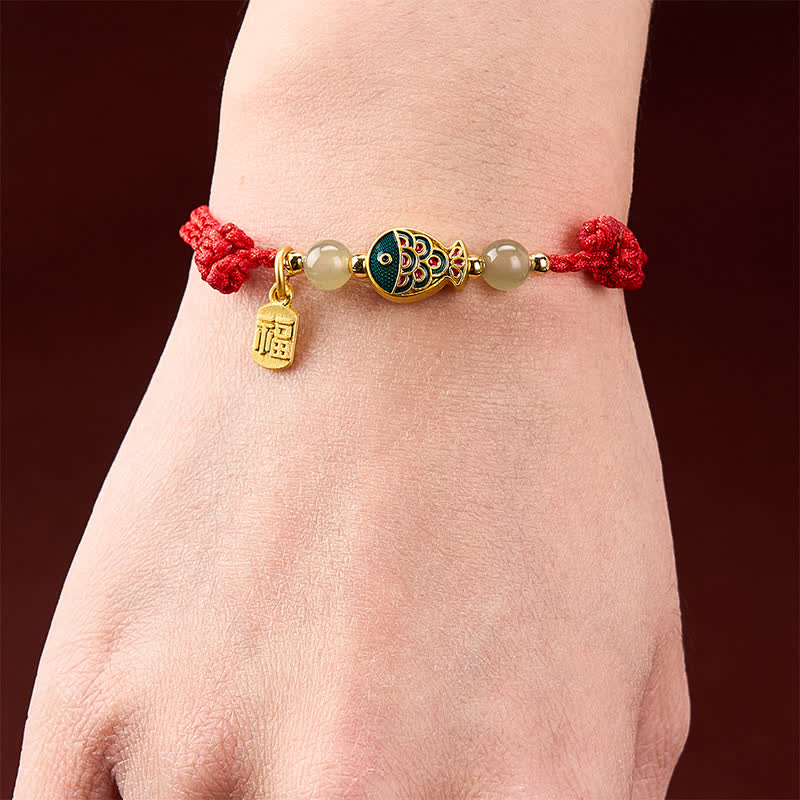 Buddha Stones Pulsera de cuerda protectora con cuentas de jade y diseño de pez koi Fu, tejida a mano. - image 14