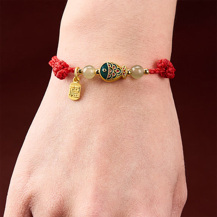 Buddha Stones Pulsera de cuerda protectora con cuentas de jade y diseño de pez koi Fu, tejida a mano. - image 14