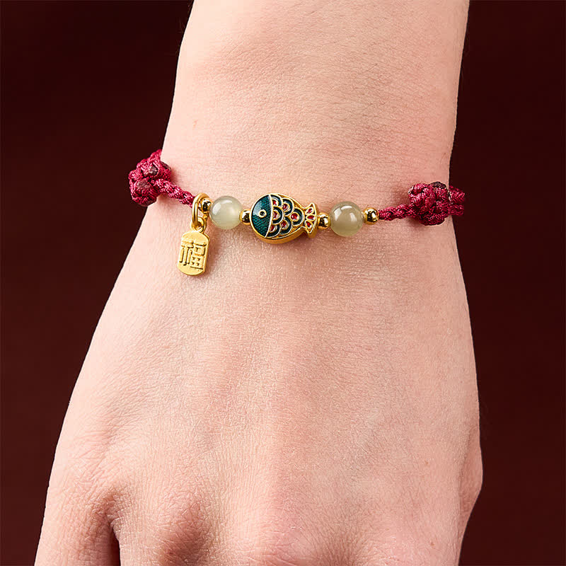 Buddha Stones Pulsera de cuerda protectora con cuentas de jade y diseño de pez koi Fu, tejida a mano. - image 4
