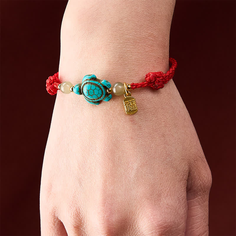 Buddha Stones Pulsera de cuerda de la suerte con cuentas de jade y forma de tortuga Fu turquesa tejida a mano - image 14