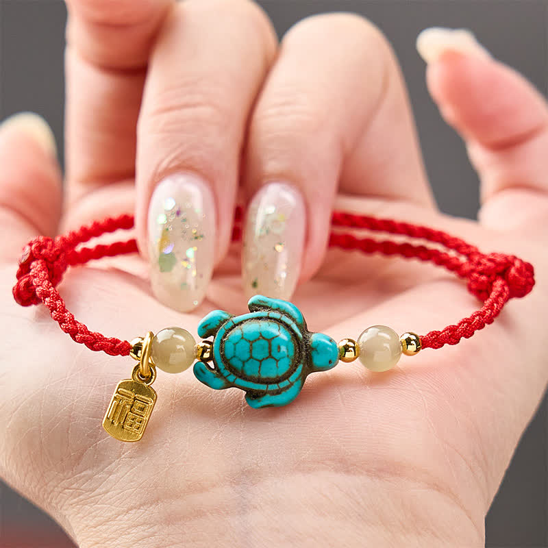 Buddha Stones Pulsera de cuerda de la suerte con cuentas de jade y forma de tortuga Fu turquesa tejida a mano - image 13
